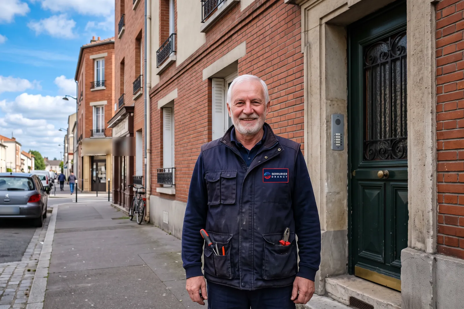 Votre serrurier à Drancy devant l'entrée d'un immeuble en brique, gilet de travail aux couleurs de Serrurier Drancy