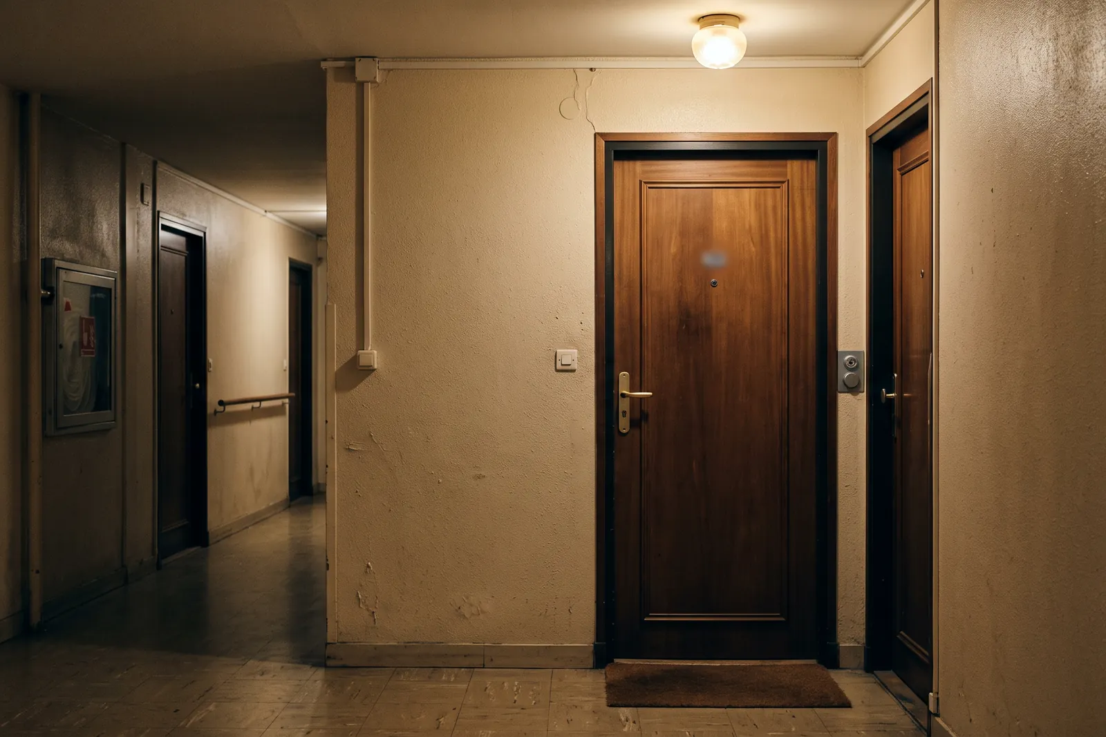 Porte d'entrée d'appartement fermée le soir, serrure visible, à Drancy