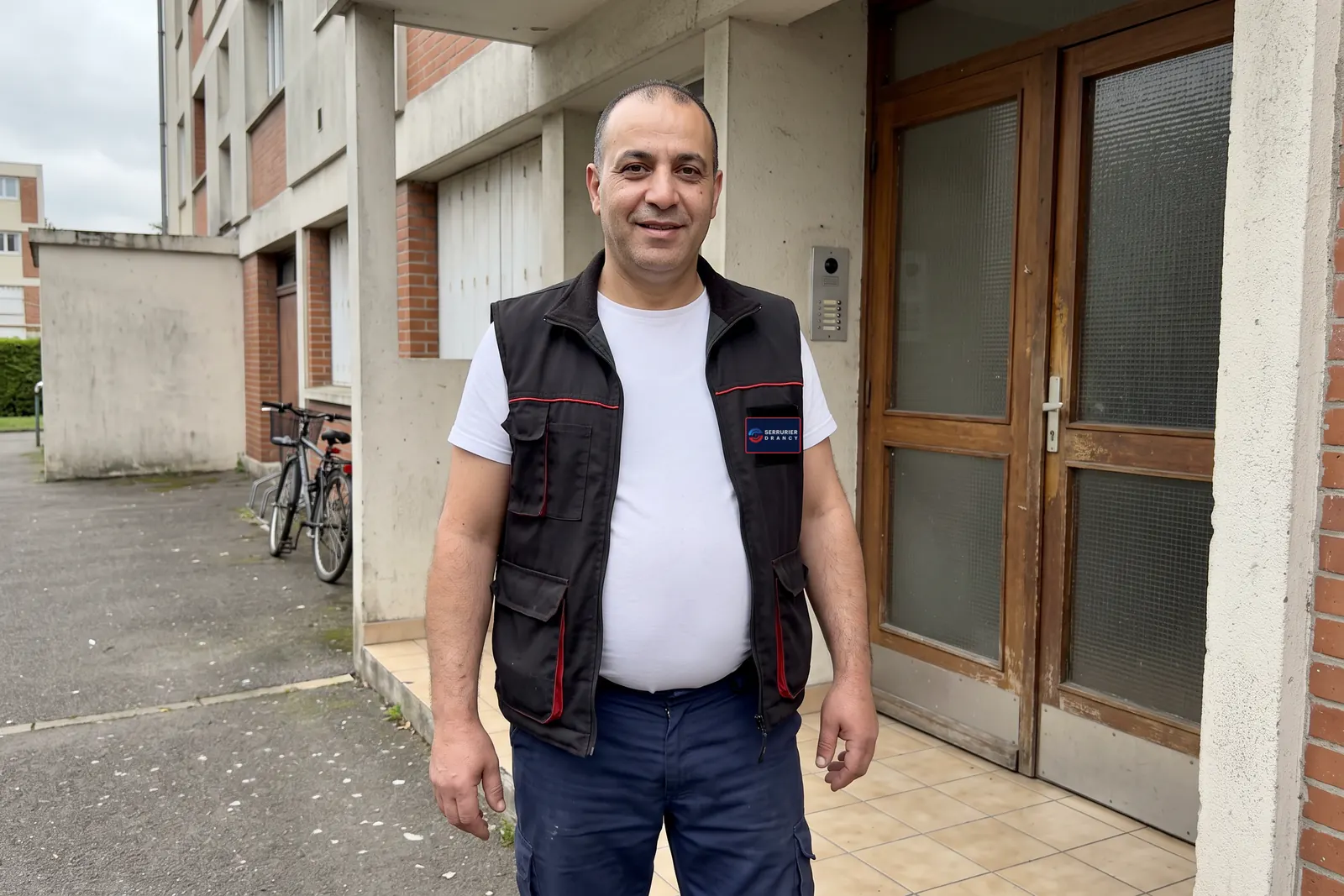 Votre serrurier à Drancy devant l'entrée d'un immeuble, gilet de travail avec l'écusson Serrurier Drancy